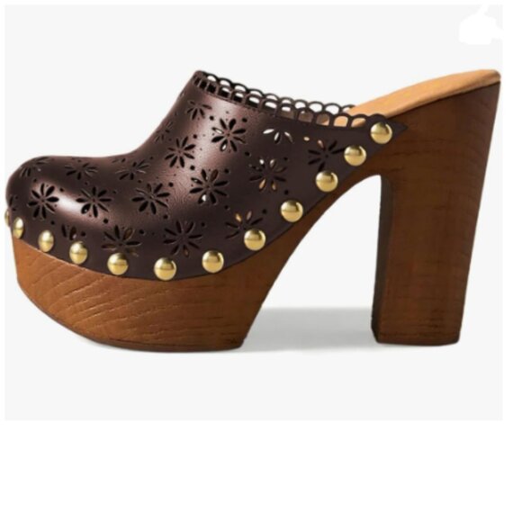FOWT Brown Studded Round Toe Floral Cut Out Platform Mules Chunky Heel Sandals - Picture 1 of 8